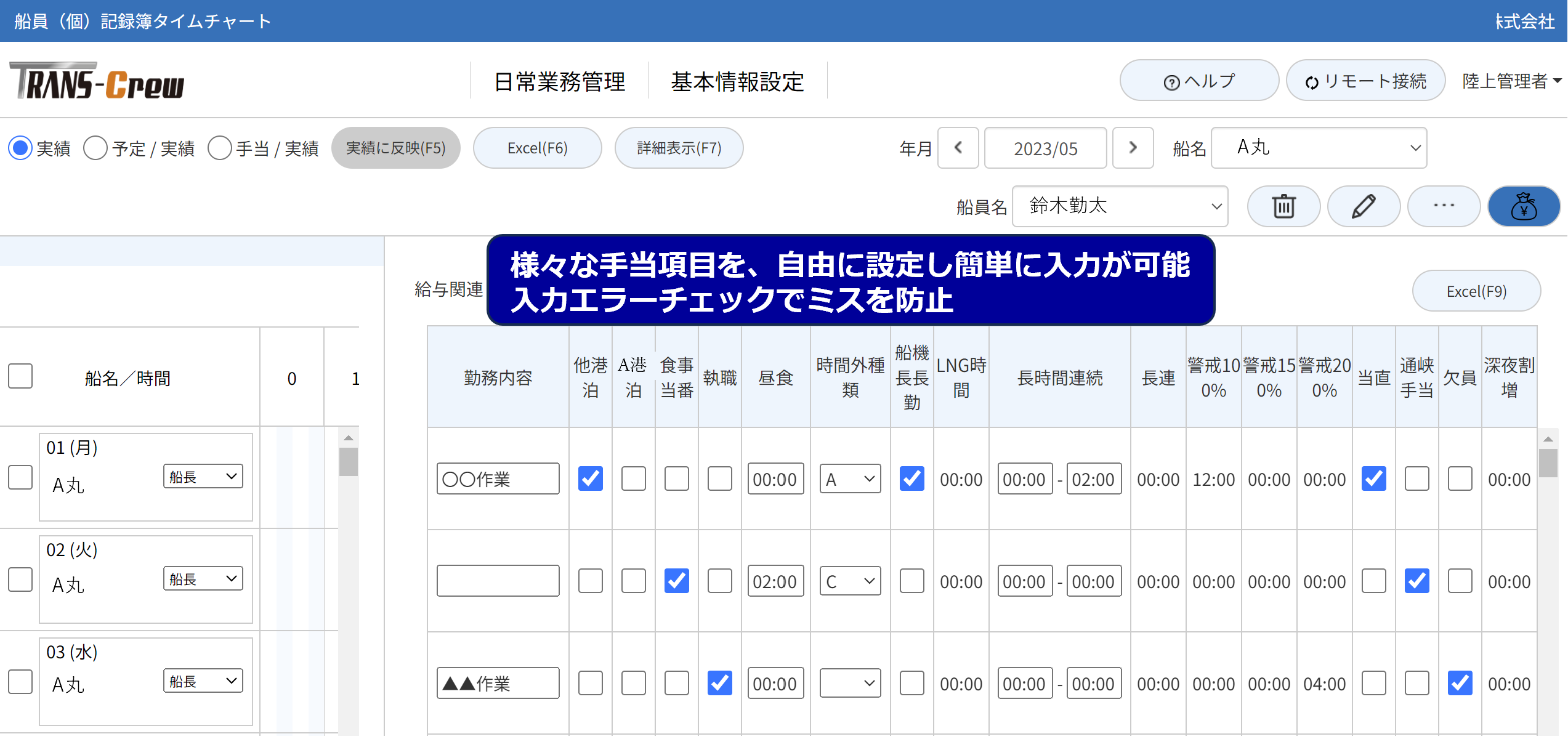 各種手当項目の入力画面